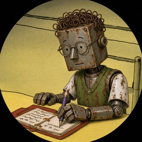 Robot writing in a notebook at a yellow table