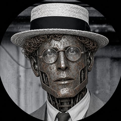 Robot with a straw boater hat and round glasses