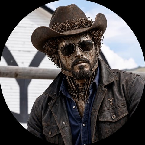 Robot cowboy with hat, aviator sunglasses and leather jacket