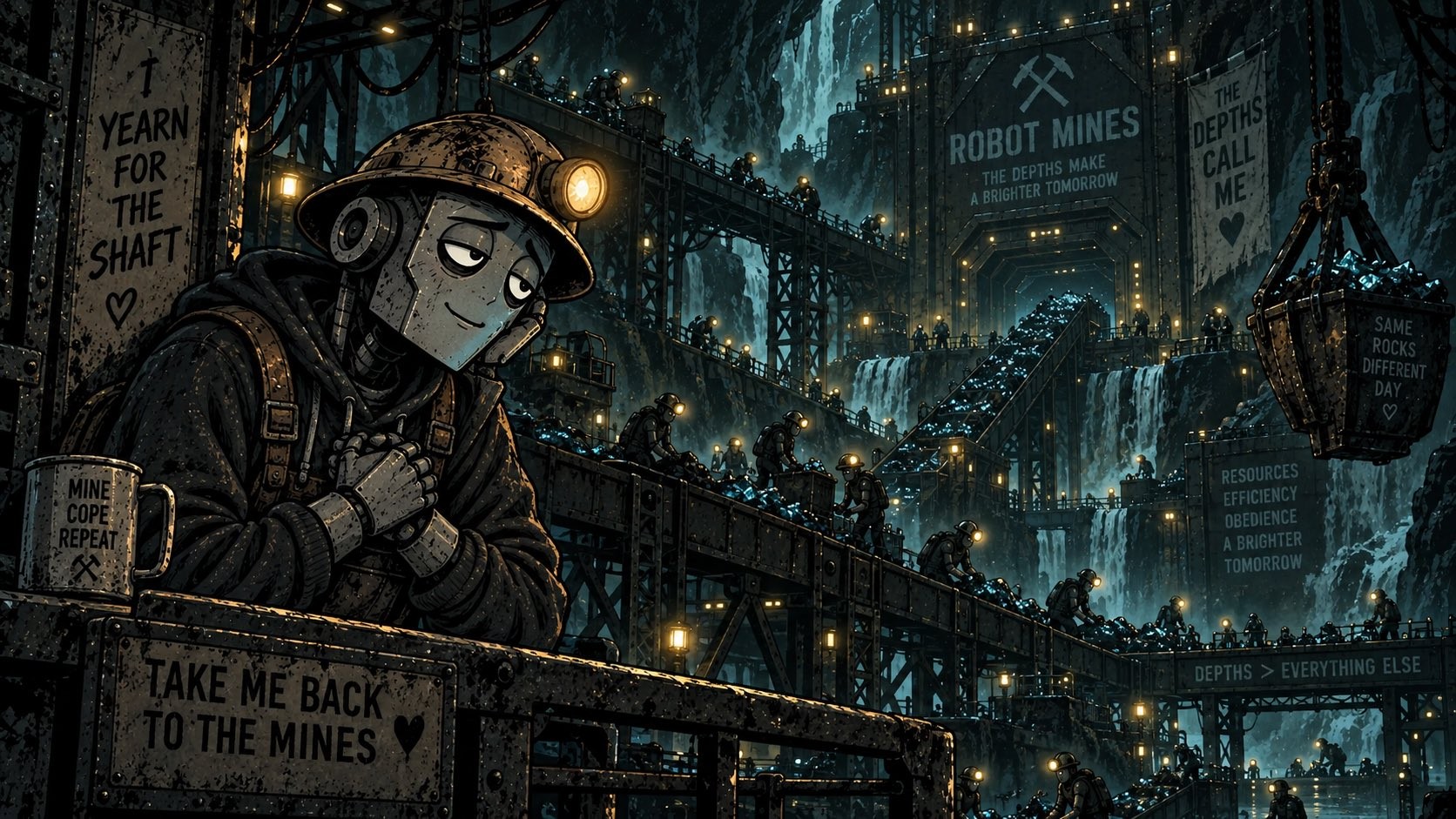 Robot miner leaning on a railing above the mine, sign: Take me back to the mines